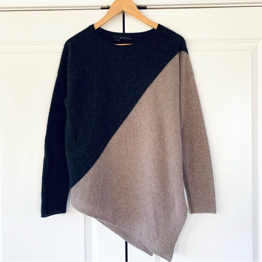 360 Cashmere Sweater Asymmetric Cozy Knit Colorblock Crew Neck Gray Taupe Size M
